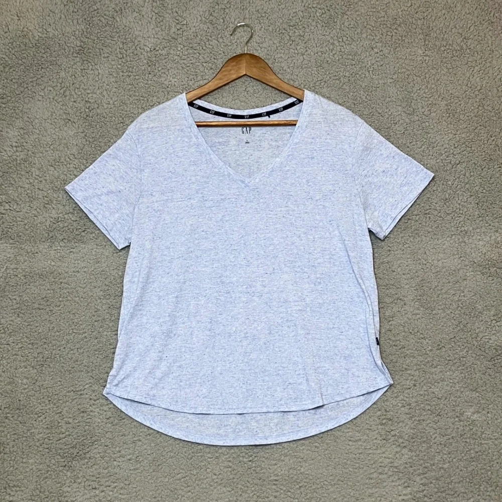 LOT of 2 Gap Linen Blend Short Sleeve Tees Women L Blue Yellow V-Neck Coastal